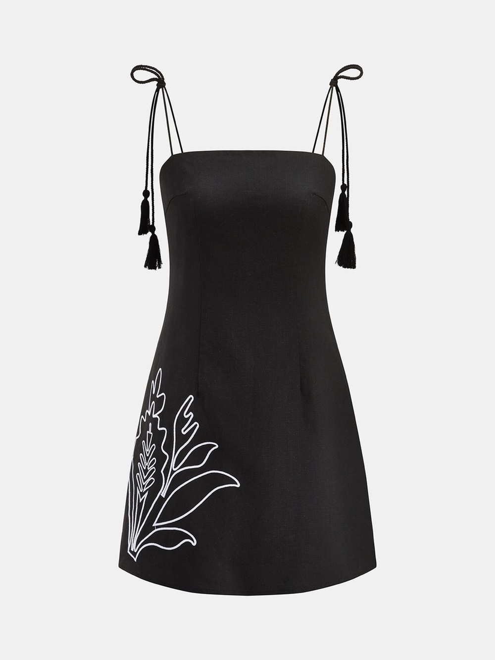 Commense Tassel Tie Embroidered Linen Blend Mini Dress